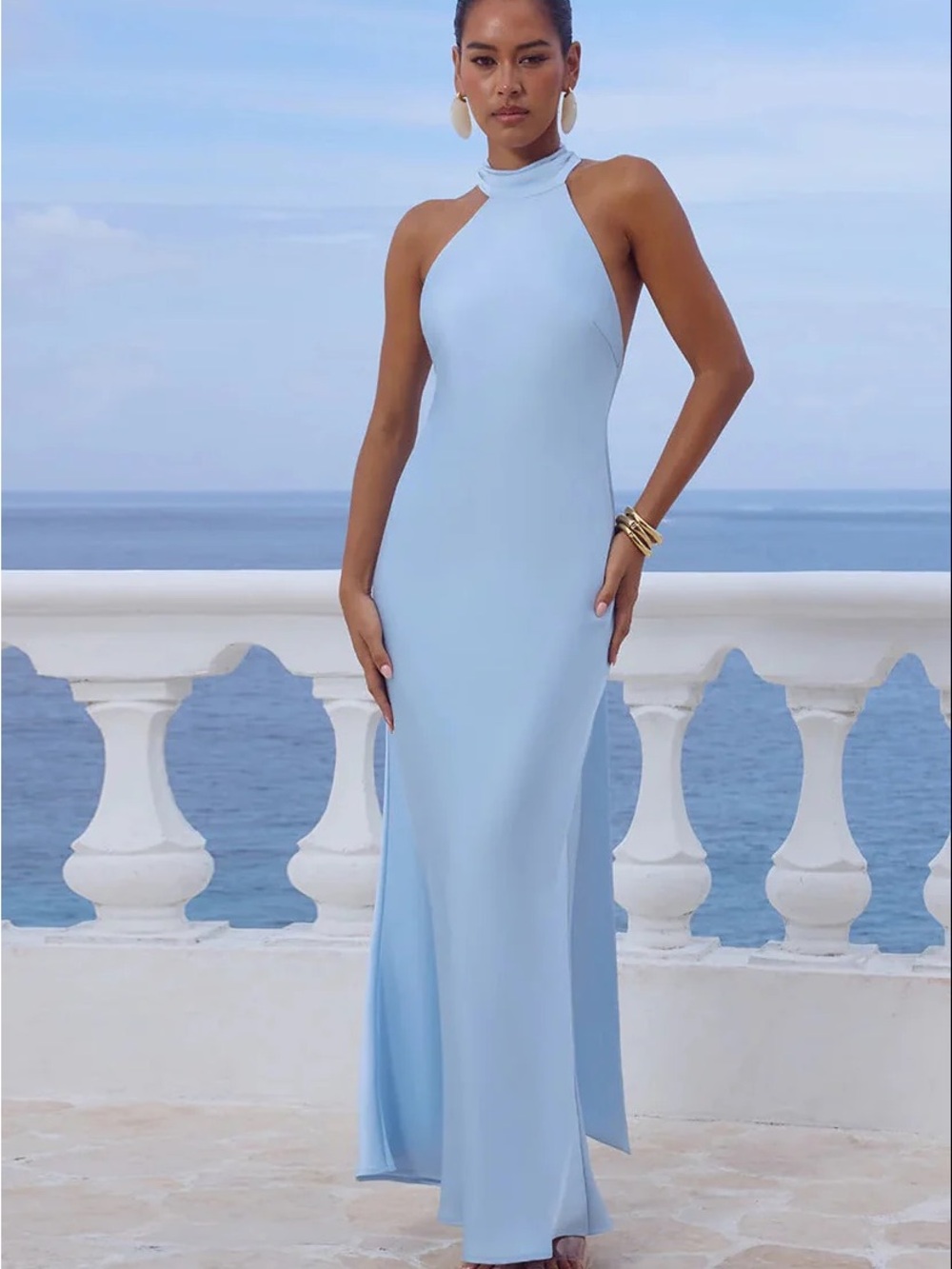Sky Blue Halter Maxi Dress with Sleek Silhouette